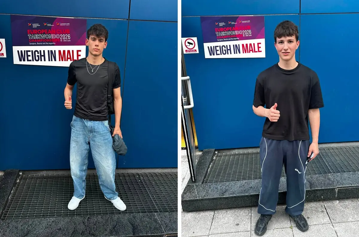 Johannes Avon und Felix Fantur, jeder auf einem eigenen Foto mit Daumen nach oben, vor dem Schild „Weigh in Male“ der European Club Taekwondo Championships 2026 in Sarajevo