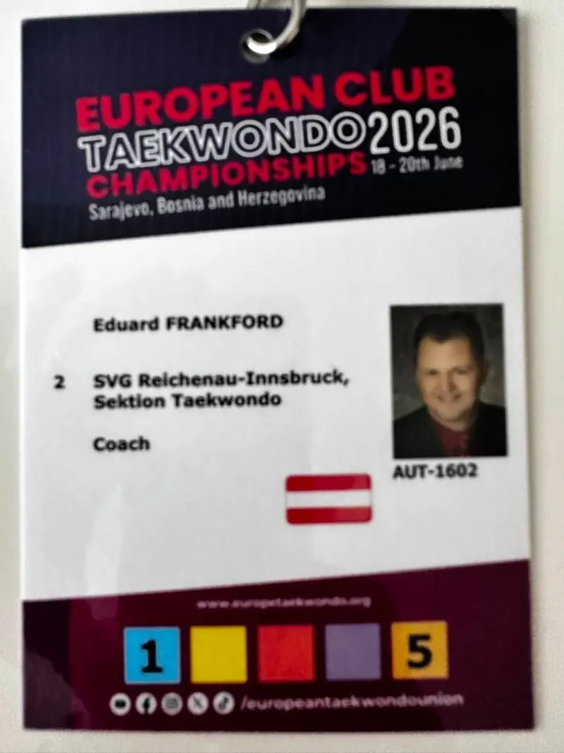 Coach-Akkreditierung von Eduard Frankford, SVG Reichenau-Innsbruck, für die European Club Taekwondo Championships 2026